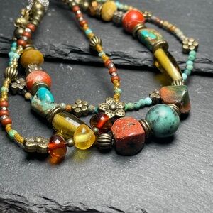 Artisan Multi-Strand Bracelet 
Genuine Turquoise & Baltic Amber 
Boho OOAK